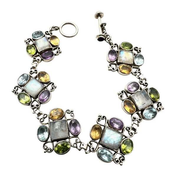 Moonstone Multi-Gemstone Sterling Silver Bracelet 7.5 Inch 29 Grams - Picture 4 of 6